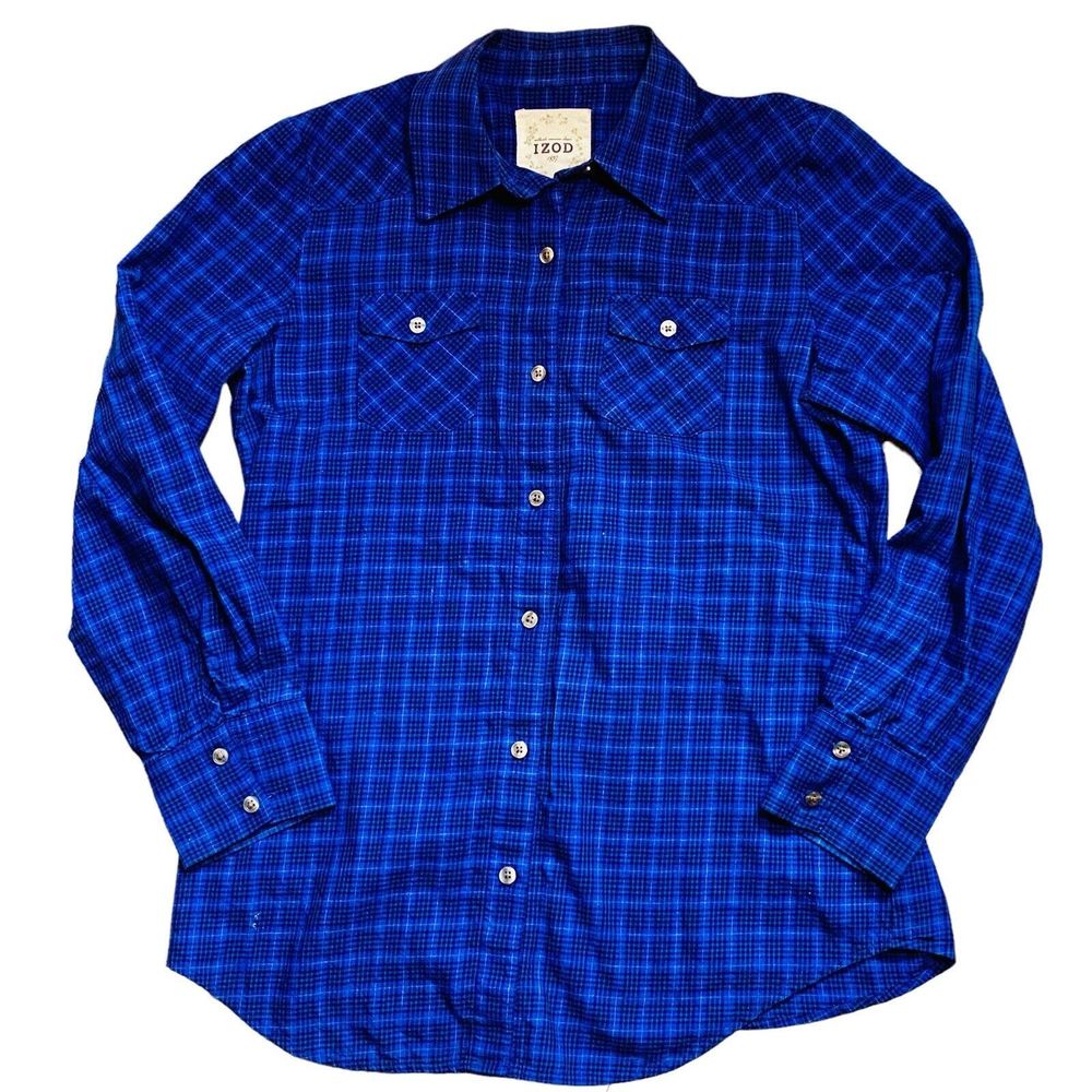 Izod 1937 Blue Plaid Long Sleeve Button Front 100% Cotton Shirt Women’s Size S